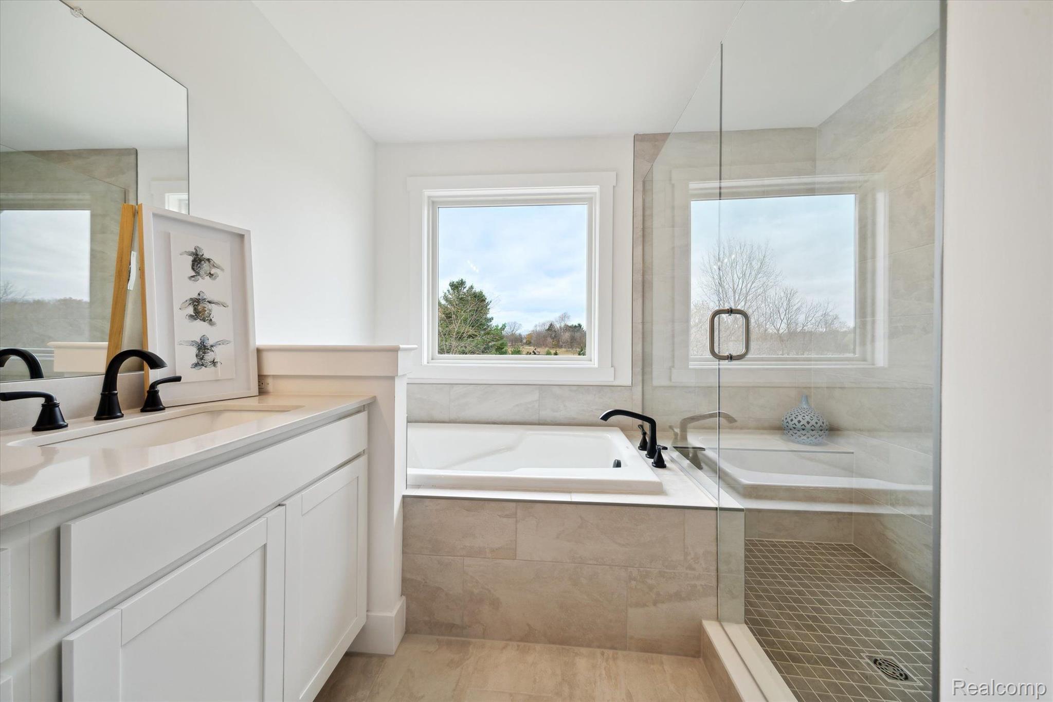 Primary bathroom, walk-in glass shower